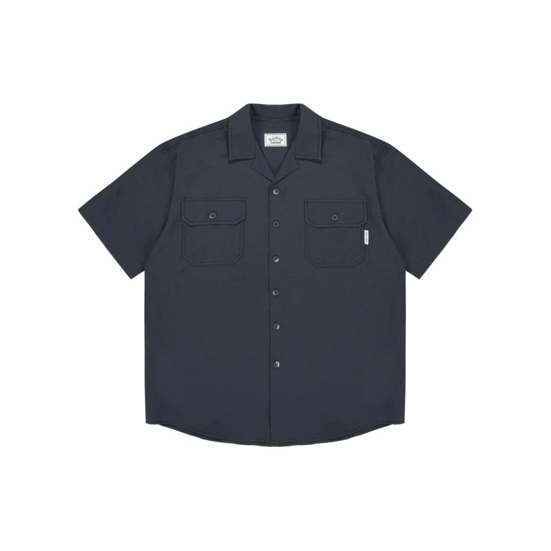 Open collar vintage navy half shirt