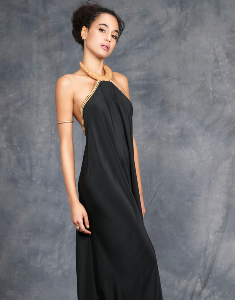 Saba in black silk dress